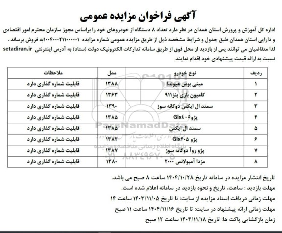 مزایده عمومی فروش تعداد 8 دستگاه از خودروهای ...