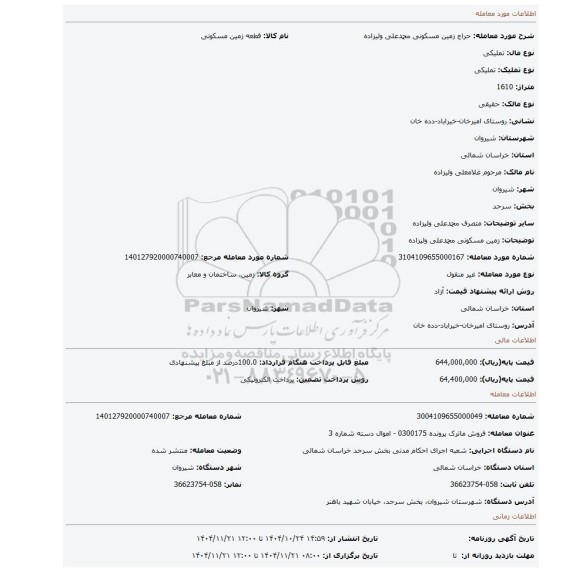 مزایده، زمین مسکونی محمدعلی ولیزاده