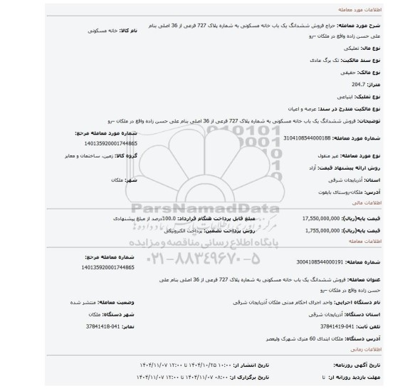 مزایده، فروش ششدانگ یک باب خانه مسکونی به شماره پلاک 727 فرعی از 36 اصلی بنام علی حسن زاده واقع در ملکان –رو