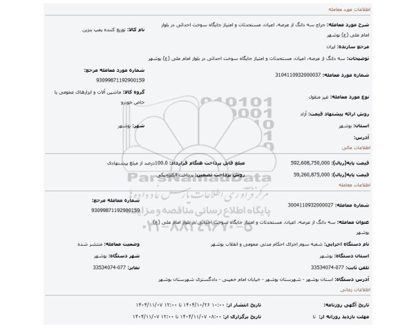مزایده، سه دانگ از عرصه، اعیان، مستحدثات و امتیاز جایگاه سوخت احداثی در بلوار امام علی (ع) بوشهر