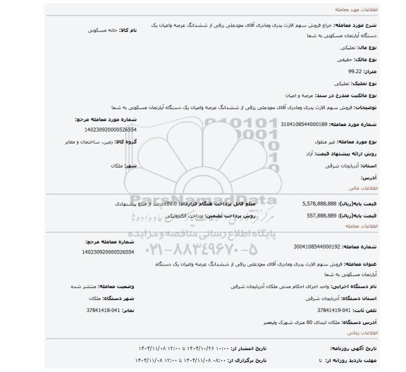 مزایده، فروش سهم الارث پدری ومادری آقای محمدعلی رزقی از ششدانگ  عرصه واعیان یک دستگاه آپارتمان مسکونی به شما
