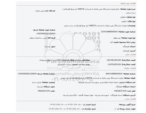 مزایده، مزایده ششدانگ زمین تجاری به مساحت 1069/76 متر مربع کوشکنار با سند رسمی