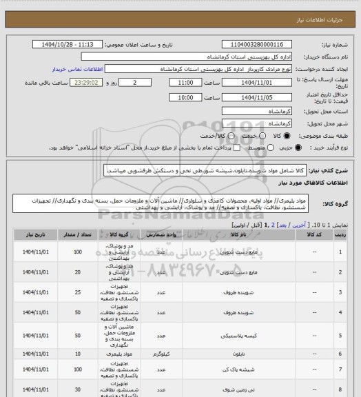 استعلام کالا شامل مواد شوینده،نایلون،شیشه شور،طی نخی و دستکش ظرفشویی میباشد.
