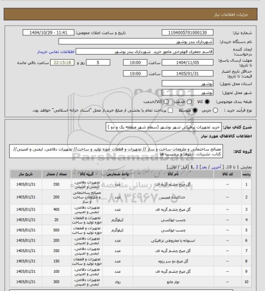 استعلام خرید تجهیزات ترافیکی شهر بوشهر (سطح شهر منطقه یک و دو )