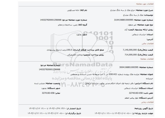 مزایده، ملک از سه دانگ مشاع