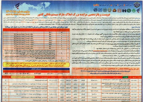 مزایده دویست و پانزدهمین مزایده بزرگ املاک مازاد سیستم بانکی کشور 