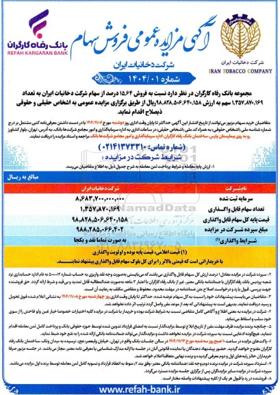 مزایده فروش 15.64 درصد از سهام شرکت دخانیات