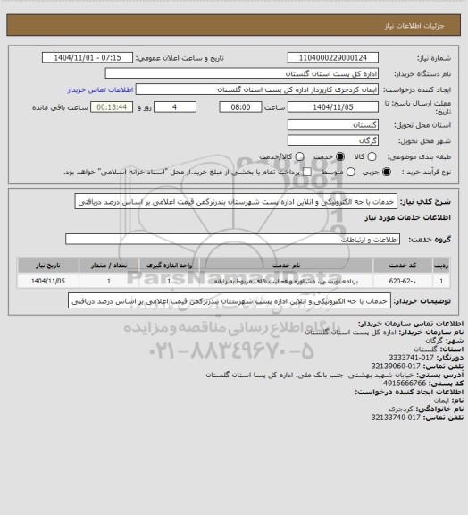استعلام خدمات با جه الکترونیکی و انلاین اداره پست شهرستان بندرترکمن قیمت اعلامی بر اساس درصد دریافتی