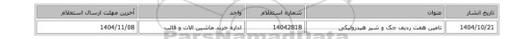 استعلام، تامین هفت ردیف جک و شیر ‎هیدرولیکی