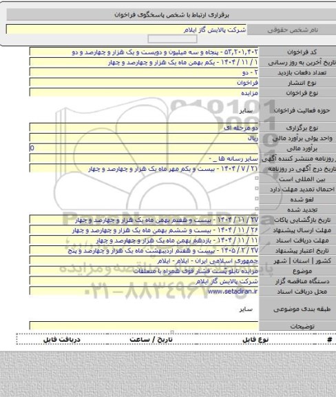 مزایده, مزایده تابلو پٌست فشار قوی همراه با متعلقات