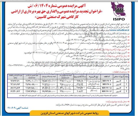 فراخوان تجدید مزایده عمومی واگذاری حق بهره برداری از اراضی کارگاهی شهرک صنعتی 