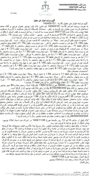 مزایده یکدستگاه آپارتمان مسکونی تحت پلاک ثبتی 123 فرعی از 3037 اصلی 