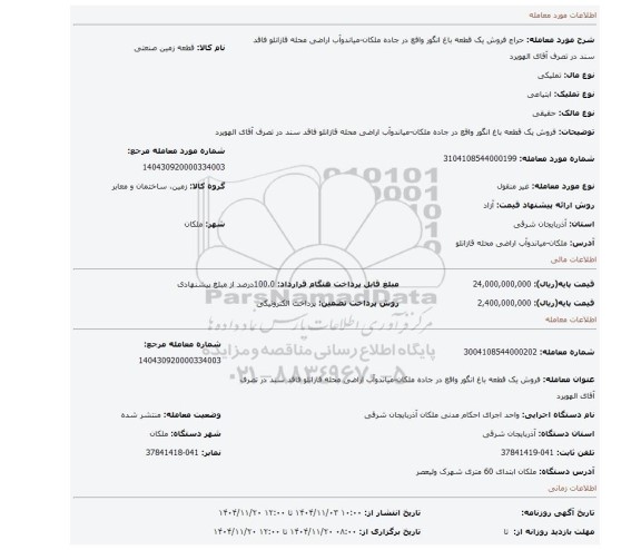 مزایده، فروش یک قطعه باغ انگور واقع در جاده ملکان-میاندوآب  اراضی محله قازانلو فاقد سند در تصرف آقای الهویرد