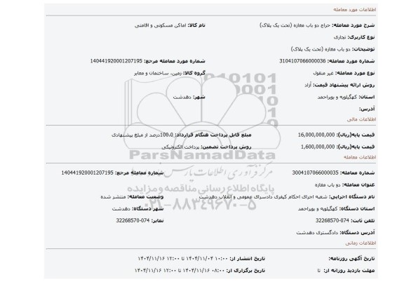 مزایده، دو باب مغازه (تحت یک پلاک)