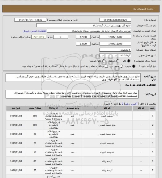استعلام مایع دستشویی،مایع ظرفشویی ،نایلون زباله،نایلون فریزرر ،شیشه شور،ی نخی ،دستکش ظرفشویی ،جرم گیر،وایتکس ،دستمال کاغذی ،اسکاچ ظرفشویی