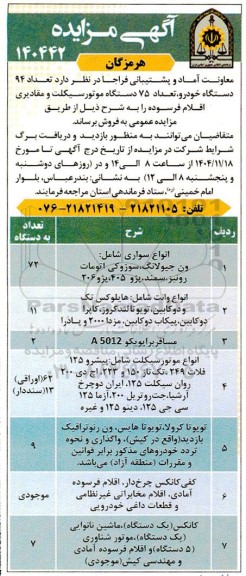 مزایده تعداد 94 دستگاه خودرو، تعداد 75 دستگاه موتورسیکلت و مقادیری اقلام فرسوده