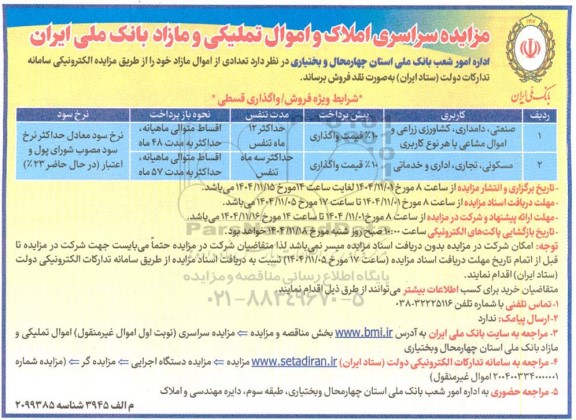 مزایده سراسری املاک و اموال تملیکی و مازاد بانک ملی ایران 