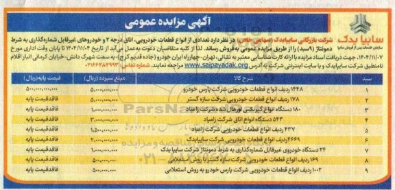 مزایده فروش تعدادی از انواع قطعات خودرویی ،اتاق درجه 2 