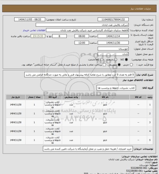 استعلام 5 قلم به تعداد 5 عدد مطابق با شرح تقاضا /ارائه پیشنهاد فنی و مالی به صورت جداگانه الزامی می باشد