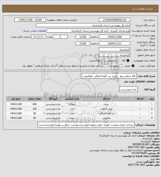 استعلام کالا شامل برنج ، روغن ،رب گوجه فرنگی ،ماکارونی