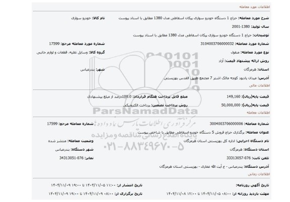 مزایده، حراج 1 دستگاه خودرو سواری پیکان اسقاطی مدل 1380 مطابق با اسناد پیوست