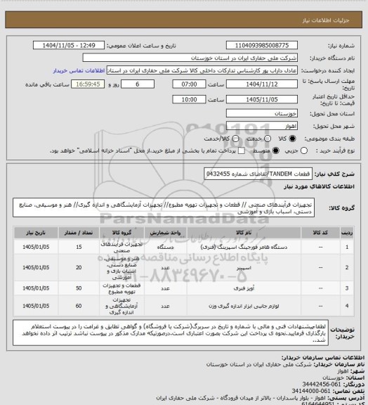 استعلام قطعات TANDEM/تقاضای شماره 0432455
