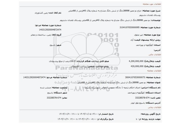 مزایده، دو ممیز 38998دانگ از شش دانگ مشاع به شماره پلاک 40فرعی از 66اصلی روستای تلخدان دشتروم