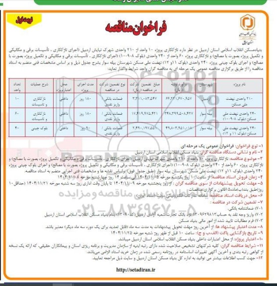 فراخوان مناقصه نازککاری پروژه 10 واحد از 210 واحدی شهرک...