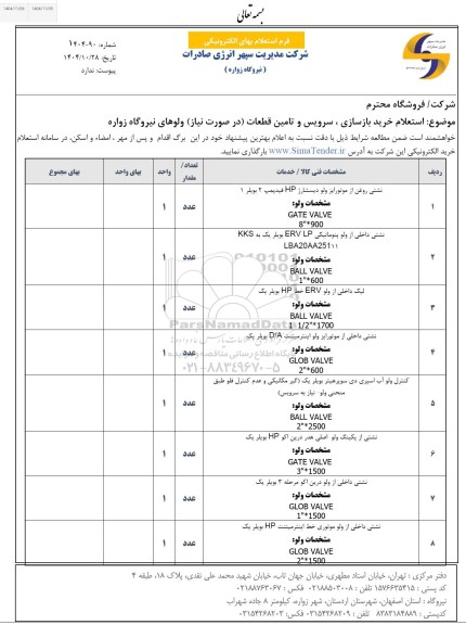 استعلام خرید بازسازی ، سرویس و تامین قطعات (در صورت نیاز) ولوهای نیروگاه زواره
