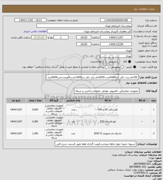 استعلام CDخام برند دکتر دیتا4200عدد.DVDخام برند دکتر دیتا1200عدد.کاورضدخش5000عدد