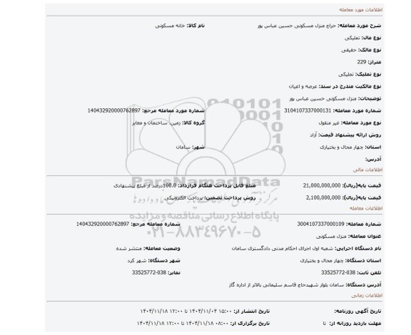 مزایده، منزل مسکونی حسین عباس پور