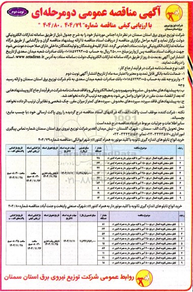 مناقصه عمومی خرید انواع تابلوهای اندازه گیری ثانویه با کلید موتور به همراه کنتور CT ...- نوبت دوم