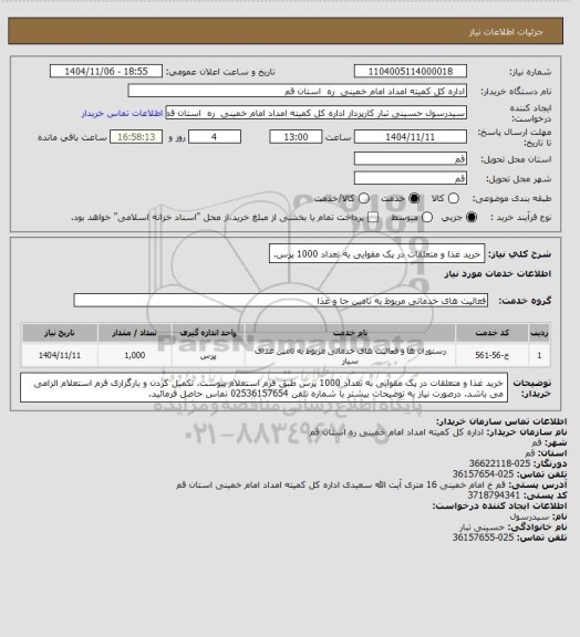 استعلام خرید غذا و متعلقات در پک مقوایی به تعداد 1000 پرس.