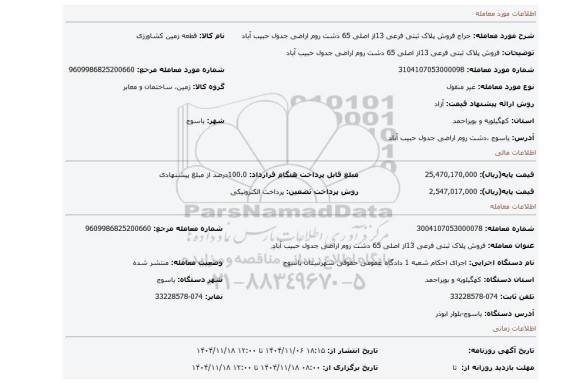 مزایده، فروش پلاک ثبتی فرعی 13از اصلی 65 دشت روم اراضی جدول حبیب آباد