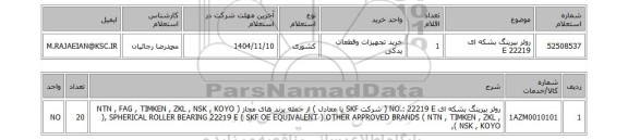 استعلام رولر بیرینگ بشکه ای  22219 E