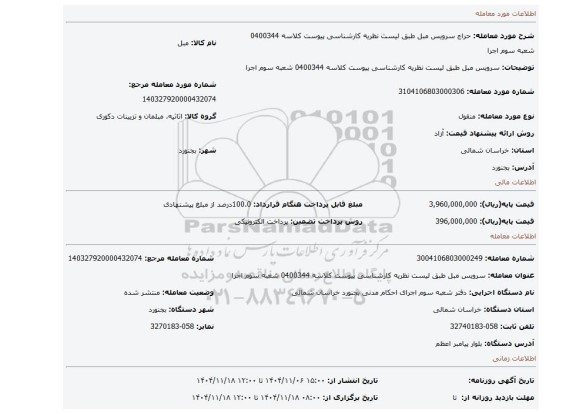 مزایده، سرویس مبل طبق لیست نظریه کارشناسی پیوست کلاسه 0400344 شعبه سوم اجرا