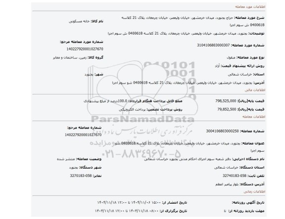 مزایده، بجنورد، میدان خرمشهر، خیابان ولیعصر، خیابان چرمغان، پلاک 21 کلاسه 0400618 ش  سوم اجرا