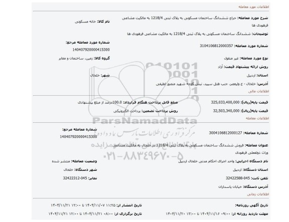 مزایده، ششدانگ ساختمان مسکونی به پلاک ثبتی 1218/4 به مالکیت مشاعی فرهودی ها