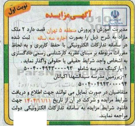 مزایده اجاره سه ساله 2 ملک مازاد