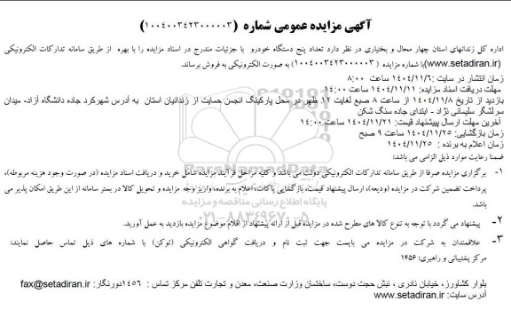 مزایده تعداد پنج دستگاه خودرو 