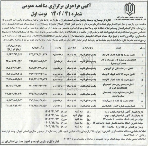مناقصه تکمیل مدرسه 15 کلاسه تاجیک 3 ....