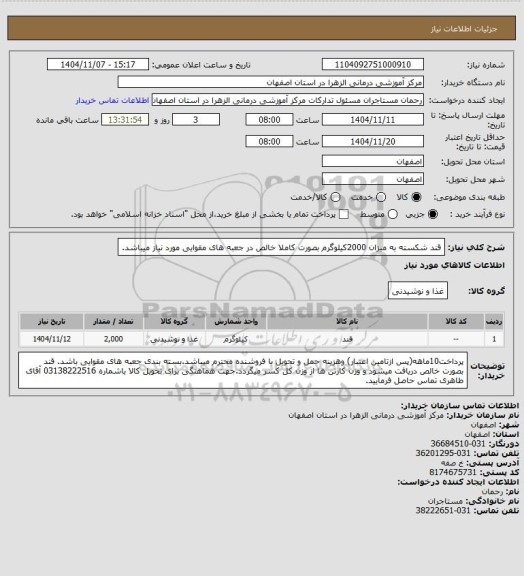 استعلام قند شکسته به میزان 2000کیلوگرم بصورت کاملا خالص در جعبه های مقوایی مورد نیاز میباشد.