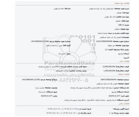 مزایده، فروش یک باب منزل مسکونی