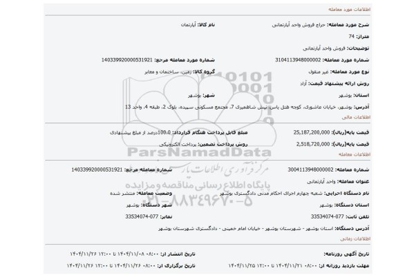 مزایده، فروش واحد آپارتمانی