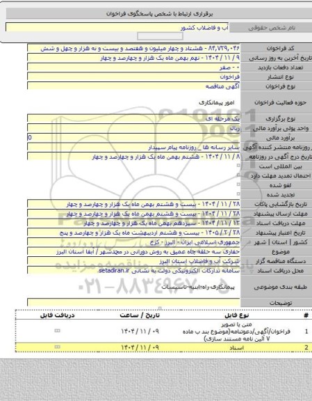 مناقصه, حفاری سه حلقه چاه عمیق به روش دورانی در محمدشهر / آبفا استان البرز