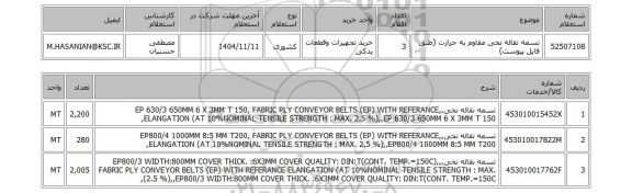 استعلام تسمه نقاله نخی مقاوم به حرارت (طبق فایل پیوست)