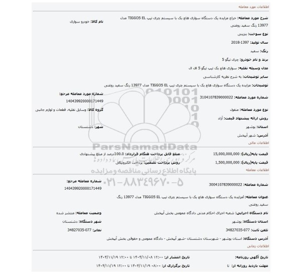 مزایده، مزایده یک دستگاه سواری هاچ بک با سیستم چری تیپ TIGGO5 EL مدل 13977 رنگ سفید روغنی