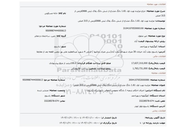 مزایده، مزایده نوبت اول 1.61 دانگ مشاع از شش دانگ پلاک ثبتی 2666فرعی از 315 اصلی