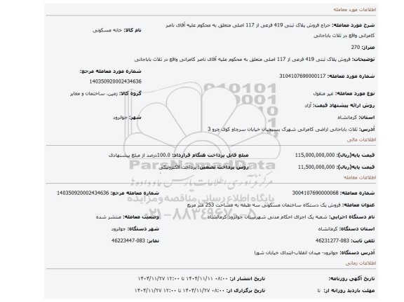 مزایده، فروش پلاک ثبتی 419 فرعی از 117 اصلی متعلق به محکوم علیه آقای ناصر کامرانی واقع در ثلاث باباجانی