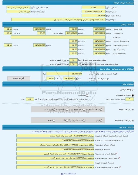 مزایده ،  مزایده املاک و اموال تملیکی و مازاد بانک ملی ایران استان بوشهر -مزایده مغازه  - استان بوشهر